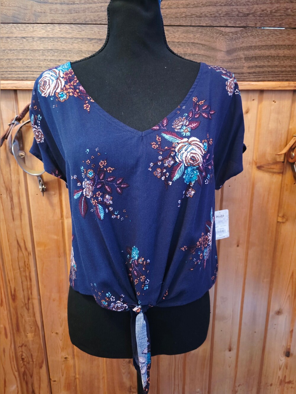 Mudd Navy Floral Tie-Front V-Neck Crop Top NWT